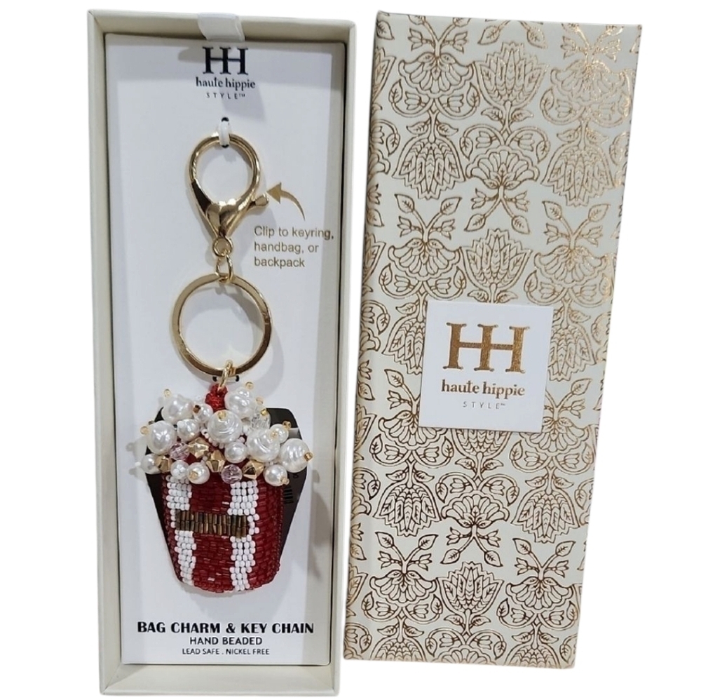 💕▪️ Haute Hippie▪️ Style Red and White Pearl Popcorn  Key Chain Bag Charm